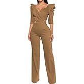 DinyIn Women's Elegant Brown Jumpsuit Sexy V-Neck Puff Sleeves Pant Suits Dressy Wide Leg Evening Party Jumpsuits with Belt,XX-Large
