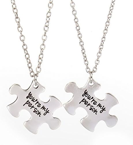 2pc Jewelry Set You Are My Person Puzzle Pendant Necklace - Valentines Day Best Friend Gift (Silver)