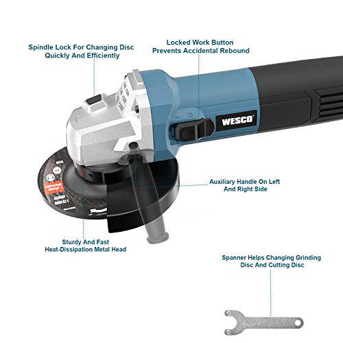 WESCO 750W Angle Grinder Tool, 11000RPM 115mm Angle Grinders with Auxiliary Handle, Spanner, Safety Guard for Grinding, Cutting, 3 Metal Grinding Wheels/WS4751.2