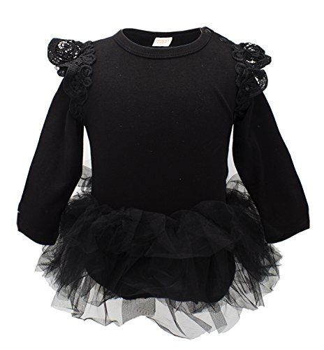 stylesilove Baby Girl Long Sleeve Ruffle Cotton Romper with Tulle Tutu Skirt (70/0-6 Months, Black/Long Sleeves)