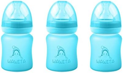 Wawita Glass Baby Bottle with Protective Silicone, Anti-Colic System and Soft Medical Breast-Like Silicone Nipple Lightweight, BPA Free, Natural Breastfeeding Bottle, Small Flow, Blue 4 oz, 3 Count