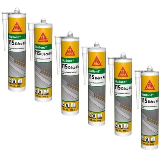 SIKA - Colle d'agencement - SikaBond 115 Déco Fix, Blanc - Colle à maintien immédiat - Intérieur et extérieur abrité - Multi-supports - Remplace clous et vis - 290ml (Lot de 6)