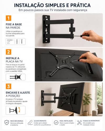 Suporte Articulado para TV 32 a 55 Pol Universal Ajustável até 30kg | Ajuste livre, Metálico, Padrão Vesa, Suporte articulado, Parede TV, 32 a 55 polegadas, Até 30kg