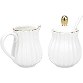 Ceramic Sugar and Creamer Set, 3-Piece Porcelain Serving Set with Sugar Bowl and Cream Pitcher, Includes Lid and Spoon for Coffee or Tea, Wedding or Bridal Gift in White
