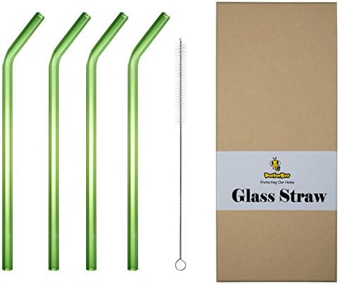Reusable Glass Straws Green 9" x 9 mm Bent Drinking Straws, Perfect Healthy Reusable Straw For Smoothies, Tea, Juice, Water, Essential Oils - 4 Pack With Cleaning Brush
