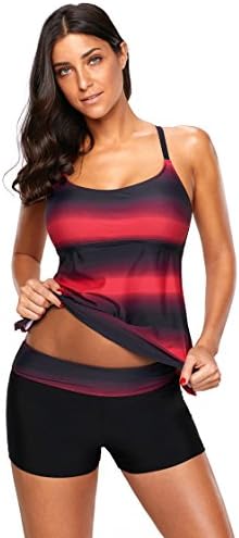 Vivahouse Women's Ombre Shading Push Up Bikini and Boardshort │Strappy Hollow-Out Back Tankini Swimsuits for Women │Two Pieces Swimwear (Red, X-Large)