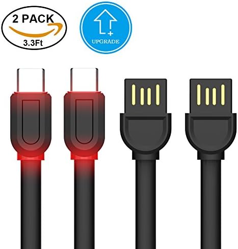 USB Type C Cables,WMZ Fast Charger 3.3FT 2Pack with LED Light Flat USB Type C Charger Cord for Samsung Galaxy Note 8 S8 S8 Plus S9 S9+,LG G6 G5 V30 V20, Google Pixel, Nintendo Switch, Macbook(Black)