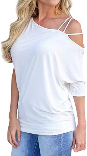VEZAD Asymmetrical Neckline Tops Cold Shoulder Strap 1/2 Sleeved T-Shirt Women
