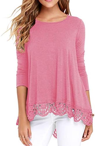 QIXING Women's Tops Long Sleeve Lace Trim O-Neck A-Line Tunic Blouse