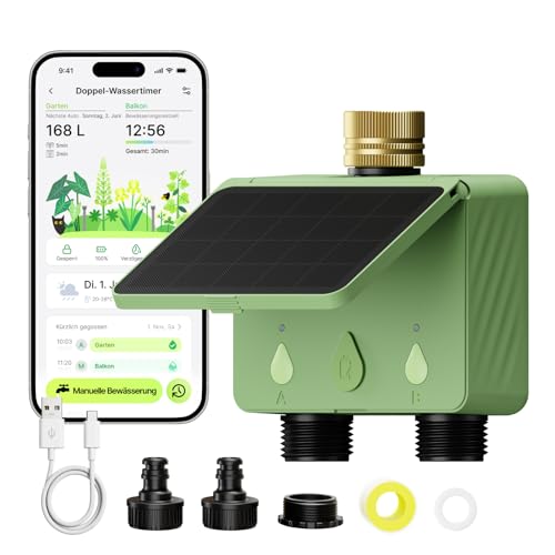 EZAIoT Irrigation Computer WLAN Solar for Garden, 2-Way | Smart Watering Timer with Flow Meter, No Hub Required, Brass Inlet, App & Voice Control (Alexa/Google)