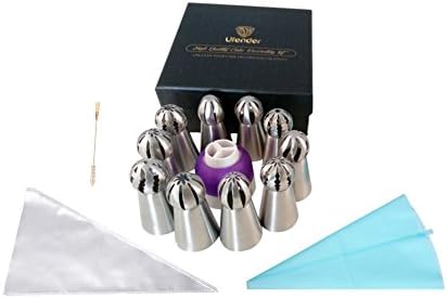 Russian Piping Tips, Set of 33-Pcs by Ufender, Includes: 10 Russian Sphere Ball Piping Tips Set, 20 Sturdy Disposable Pastry Bags, 1 Tri-Color Coupler, 1 Reusable Silicone Pastry Bag, 1 Cleaning Brush