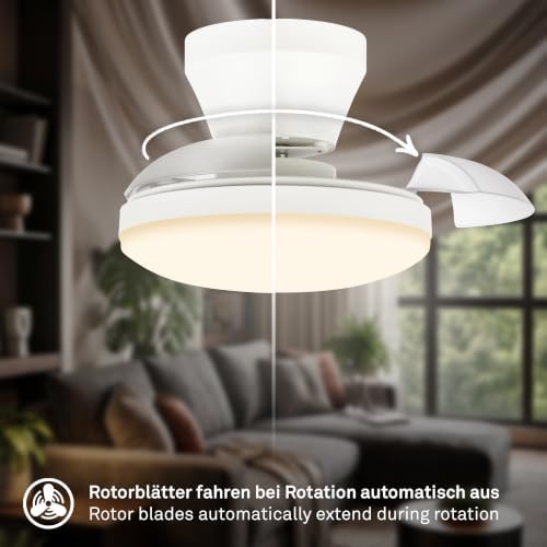 - LED Deckenventilator mit Beleuchtung, Fernbedienung, Leiser DC-Motor, 3 Geschwindigkeiten, Flügel ausfahrbar, CCT, Dimmbar, Lampe mit Ventilator, Ventilator Deckenleuchte, 44x16,5 cm, Weiß