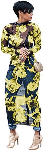 Womens Sexy Long Sleeve Turtleneck Floral Printed See-Through Bodycon Party Clubwear Dress