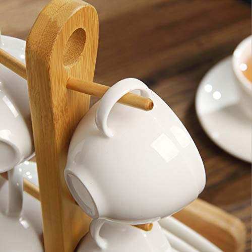 Porcelain Tea Cup Set,Coffee Cups and Saucer with Bamboo Rack(6 Piece Set)