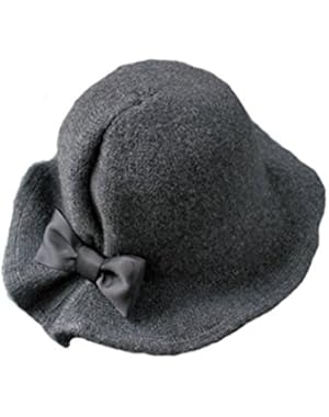 Women's Retro Wool Felt Cloche Bucket Bowler Hat Winter Crushable Bowknot