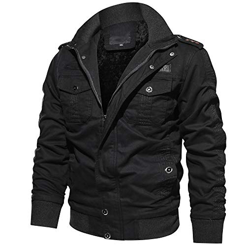 CRYSULLY Men's Autumn Windbreaker Coat Outdoor Cargo Cotton Utility Full Zip Bomber Jacket Black