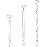 CRAFTYMELODY 3Pcs 3 Style 925 Sterling Silver Chain Extender Necklace Extension Chains Links Neacklace Extenders with Lobster Clasps Heart Tabs for Necklaces Bracelet Anklet Jewelry Making Supplies