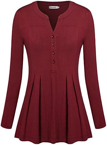 Kospoon Women Long Sleeve Blouses, Notch Neck Tops Plus Size Knit Shirts Red 2XL