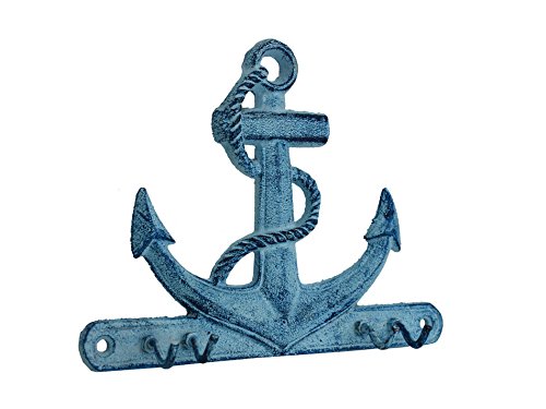 Hampton Nautical Rustic Dark Blue Whitewashed Cast Iron Anchor with Hooks 8" (Nautical Hook)