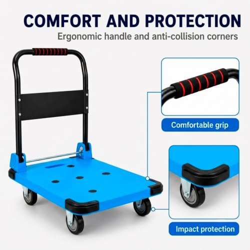 Folding Platform Cart Supports 550 kg Blue, TPR Wheels 5" | Warehouse & Moving Cargo Trolley