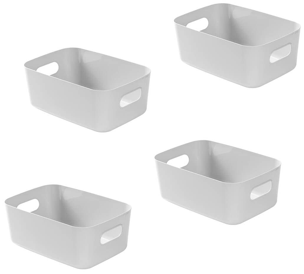 Bgfuni Set of 4 Small Plastic Storage Baskets for Office, Home and Kitchen - White Tidy Organiser, Studio and Shelf Baskets - 20 x 14 x 7.5cm (Grey)