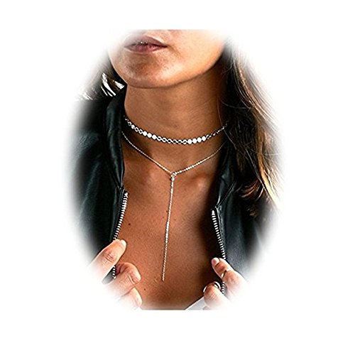 Vlcandy Silver or Gold Choker Necklace Adjustable Layered Choker Necklace Long Tassel Pendant Necklace for Women (Silver with Diaphanous Crystal)