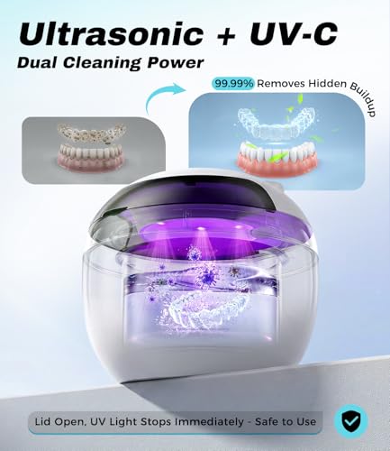 Ultrasonic Retainer Cleaner Machine, 45kHz Deep Gentle Dental Cleaning Pod with 304 Stainless Steel Tank, 4 Cleaning Modes for Aligners, Dentures, Mouth Guards, Night Guards, Toothbrush Heads