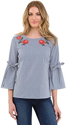 Como Vintage Women’s Tied Bell Sleeve Embroidered Striped Top (Black/White or Navy/White) - Navy/White, X-Large…