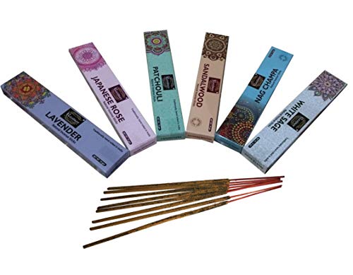 raajsee Incense Sticks 6 Pack Variety Set 15gm Each, Nagchampa-Lavender-Sandalwood-Patchouli-Japanese Rose-White Sage,100% Organic Hand Rolled- Perfect for Church,Aromatherapy,Relaxation Meditation