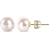 14k Gold Plated Sterling Silver Carefully Selected Freshwater Small Pearl Stud Earrings for Women (Yellow, 7-8mm)
