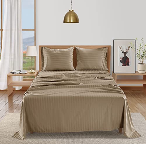 CHATEAU HOME COLLECTION 100% Egyptian Cotton Damask Stripe Full Sheets, Machine Washable, No Pill & Shrinkage, Soft & Comfy All Season Bed Sheets-Taupe