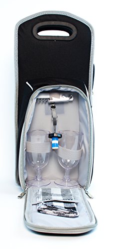 Wine Carrier Tote Bag - 7 Pcs Insulated Wine Bottle Holder or Wine Case Picnic Set (Black/Grey) - Thumbnail 4