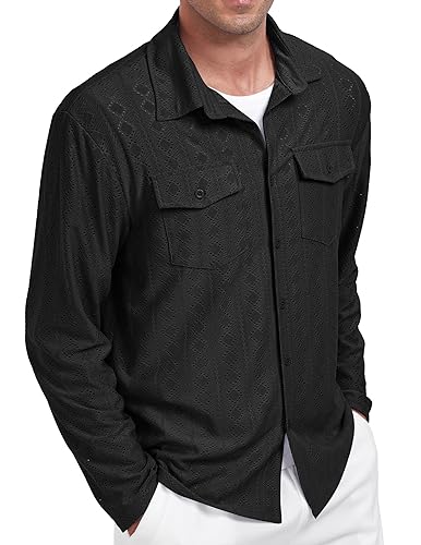 ZAFUL MENS LONG SLEEVE CUBAN GUAYABERA STYLE EYELET BUTTON DOWN SHIRTS CASUL LIGHTWEIGHT WRINKLE FREE BUTTON UP DRESS SHIRT BLACK