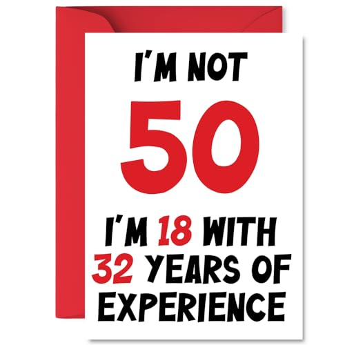 Tarjetas de cumpleanos número 50 para hombres y mujeres – Not 50 Im 18 con 32 anos de experiencia, tarjeta de feliz cumpleanos para hombre de 50 anos, mujer, hermano, ninera, primo, abuela, tarjetas