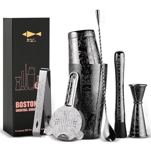 SKY FISH Cocktail Shaker, Boston Shaker Set 7 Pieces, Engraved Barman Kit in Gift Box, Hand Wash (Black)