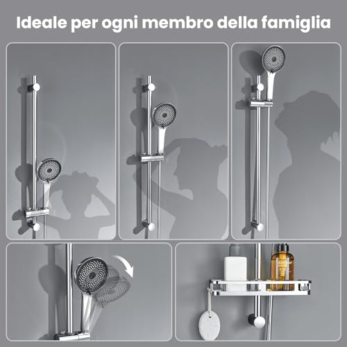 Auralum Shower Rail with 5 Geti Shower Head and Shower Shelf, 70 cm Stainless Steel Shower Rod with Adjustable Shower Holder, Shower Column Without Mixer Adapting to Existing Holes, Chrome