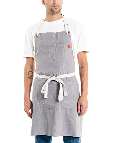 Caldo Linen Kitchen Apron - Mens and Womens Linen Bib Apron - Adjustable with Pockets (Grey) - Thumbnail 2