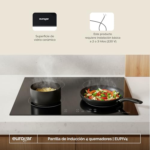 EUROGAR Parrilla eléctrica de inducción 4 zonas de calentamiento 220V, Potencia 7000W, Panel táctil con 9 y 8 niveles de temperatura, Temporizador, Bloqueo para niños, Luz LED | EUPIV4