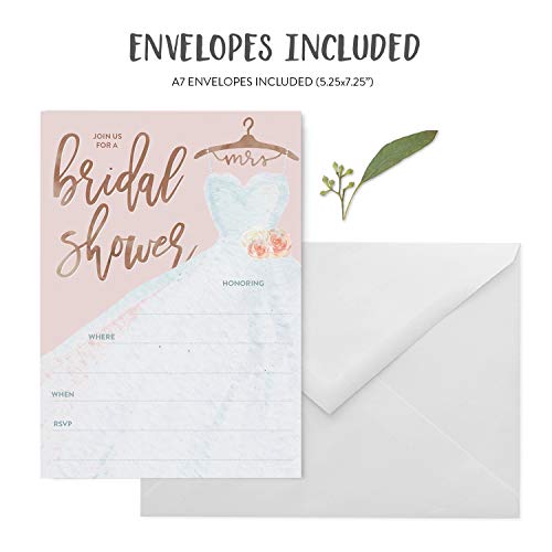25 Bridal Shower Invitation with Envelopes, Rose Gold Modern Calligraphy and Wedding Dress Bridal Shower Invitation, Fill-in Style Invitation