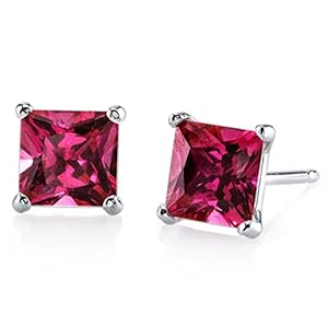 Peora Solid 14K White Gold Created Ruby Stud Earrings for Women, Classic Solitaire Princess Cut, 6mm, 3 Carats total…
