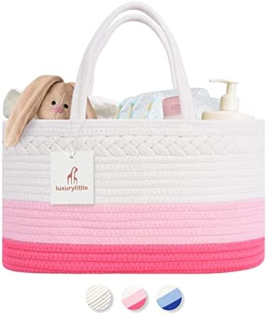 Maxgoods Baby Diaper Caddy Organizer - Cotton Basket With Removable Dividers, Portable Tote (White & Yellow)