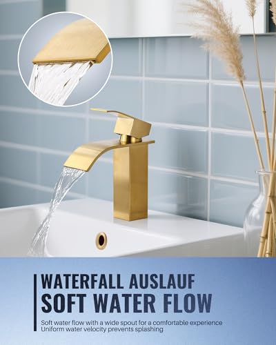 iVIGA Bathroom Faucet 175mm Low Noise Basin Faucet Stainless Steel Waterfall Mixer Tap with Hot and Cold Water Hoses Gold