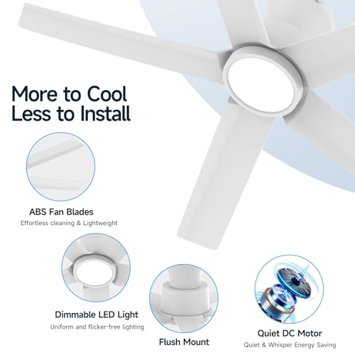 ocioc - Ventiladores de techo de 44 pulgadas con luces y mando a distancia, ventiladores de techo regulables con motor CC silencioso reversible, montaje empotrado, 3CCT, ventilador de techo blanco