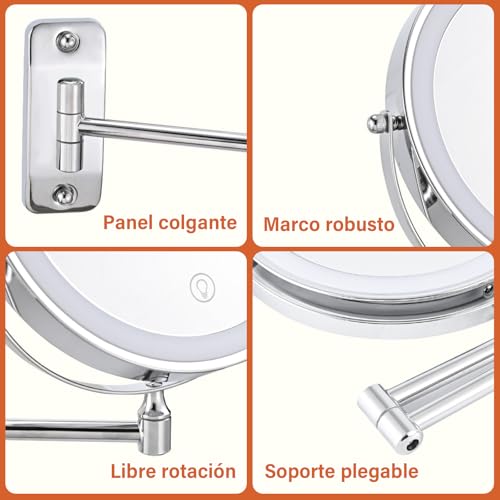 GALASALA Espejo con Luz Montado en Pared, Espejo de Maquillaje 8 Pulgadas con Aumento 10X/1X, Espejo de Tocador para Baño con Brazo Extensible, Rotación 360°, 3 Modos de Color
