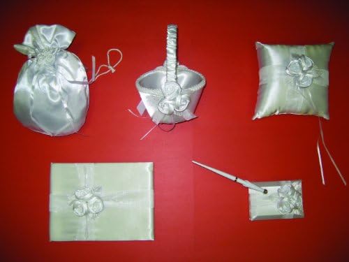New Ivory Satin Roses Flower Basket, Guest Book, Pen, Ring Pillow &amp; Money Bag Bridal Accessory Set (803SET2)