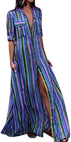 Conina Women's Dresses, Boho Casual Button Multicolor Stripe Shirt Plus Size Maxi Robe