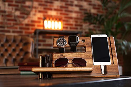 Natural Walnut Wood Phone Docking Station Key Holder Wallet Stand Magnetic Watch Charger Slot Organizer Men Gift Husband Wife Anniversary Dad Birthday Nightstand Tablet Father Graduation Travel Idea