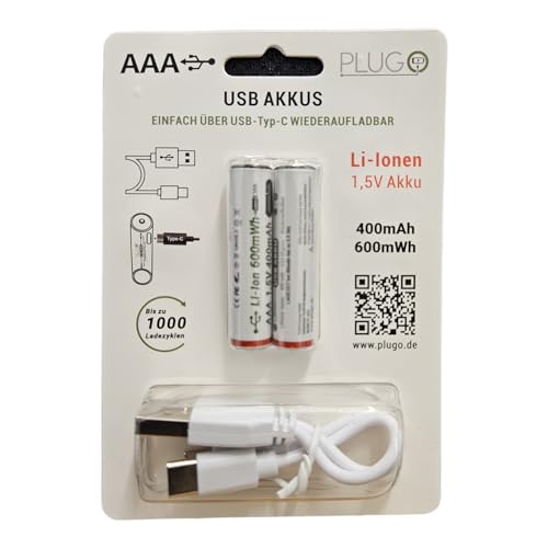 Batterie USB - Batterie au lithium AAA 1,5 V - Avec câble de charge USB type C 2 en 1 - 600 mWh - Lot de 2