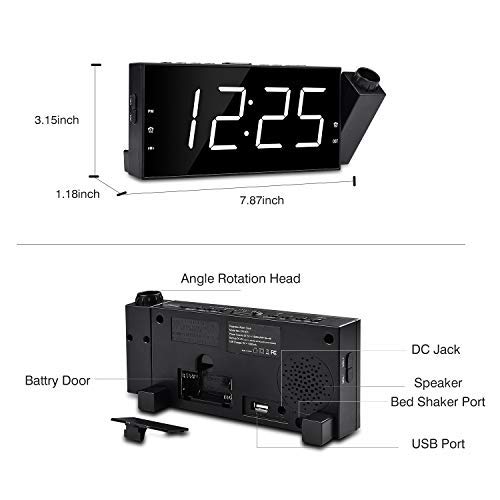 OnLyee Projection Ceiling Wall Clock, Alarm Clock, 7" LED Digital Desk/Shelf Clock with Dimmer, USB Charging, AC Powered (White-Projection Clock with Bed Shaker)