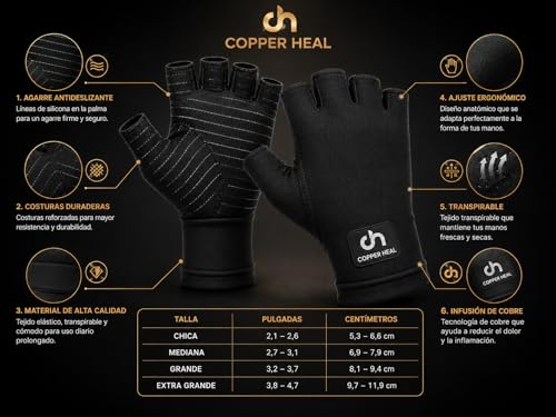COPPER HEAL Guantes de Compresión de Cobre para Artritis – Alivio de Dolor y Rigidez en Manos y Dedos | Túnel Carpiano, Reumatoide | Unisex